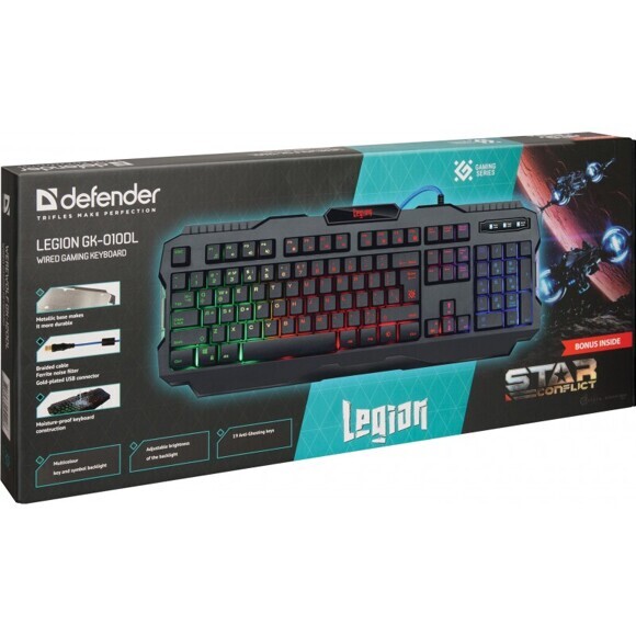 Клавиатура проводная игровая DEFENDER Legion GK-010DL, RGB подсветка, влагоустойчивая, черная (1/20)